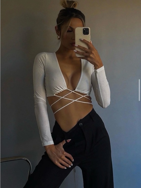 Princess Polly Tops - Princess Polly White Long Sleeve Wrap Crop Top with Crisscross Ties